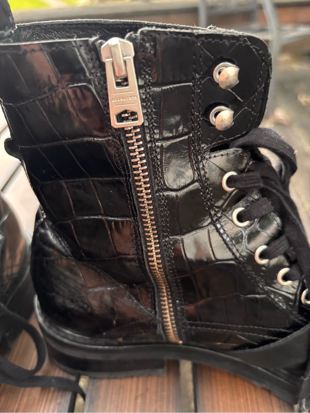 AllSaints Donita Black Crocodile Embossed Leather Combat Boots Size 10 EU 41 - Picture 7 of 12